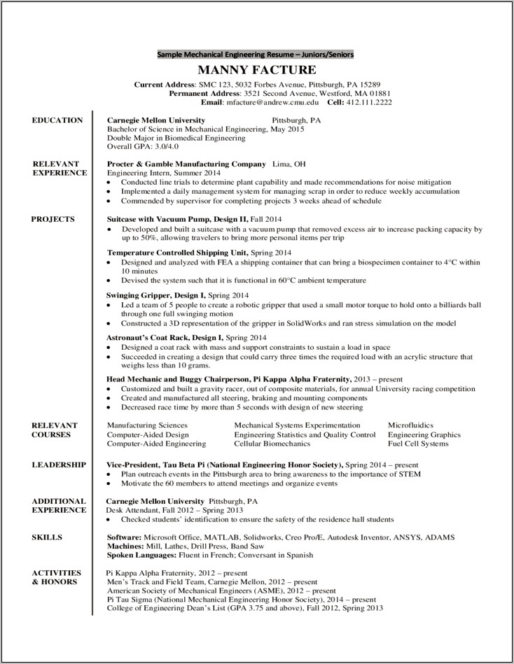 Resume Summary For Mechanical Engineer Sophomore