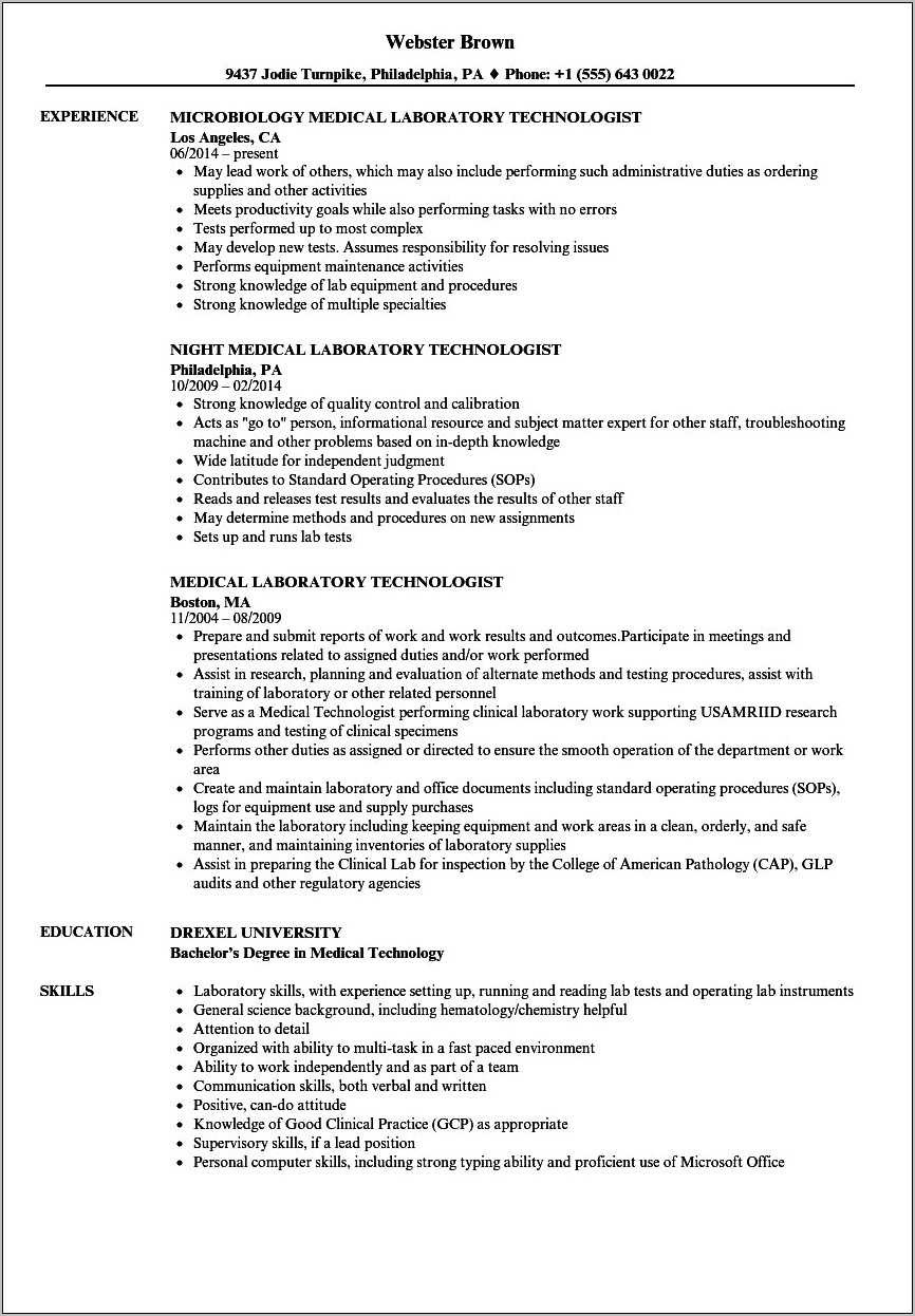 Resume Summary For Medical Laboratory Scientist