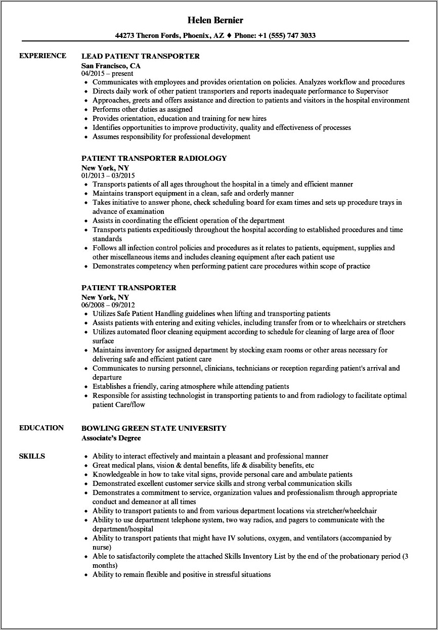Resume Summary For Medical Transportation Driver Examples