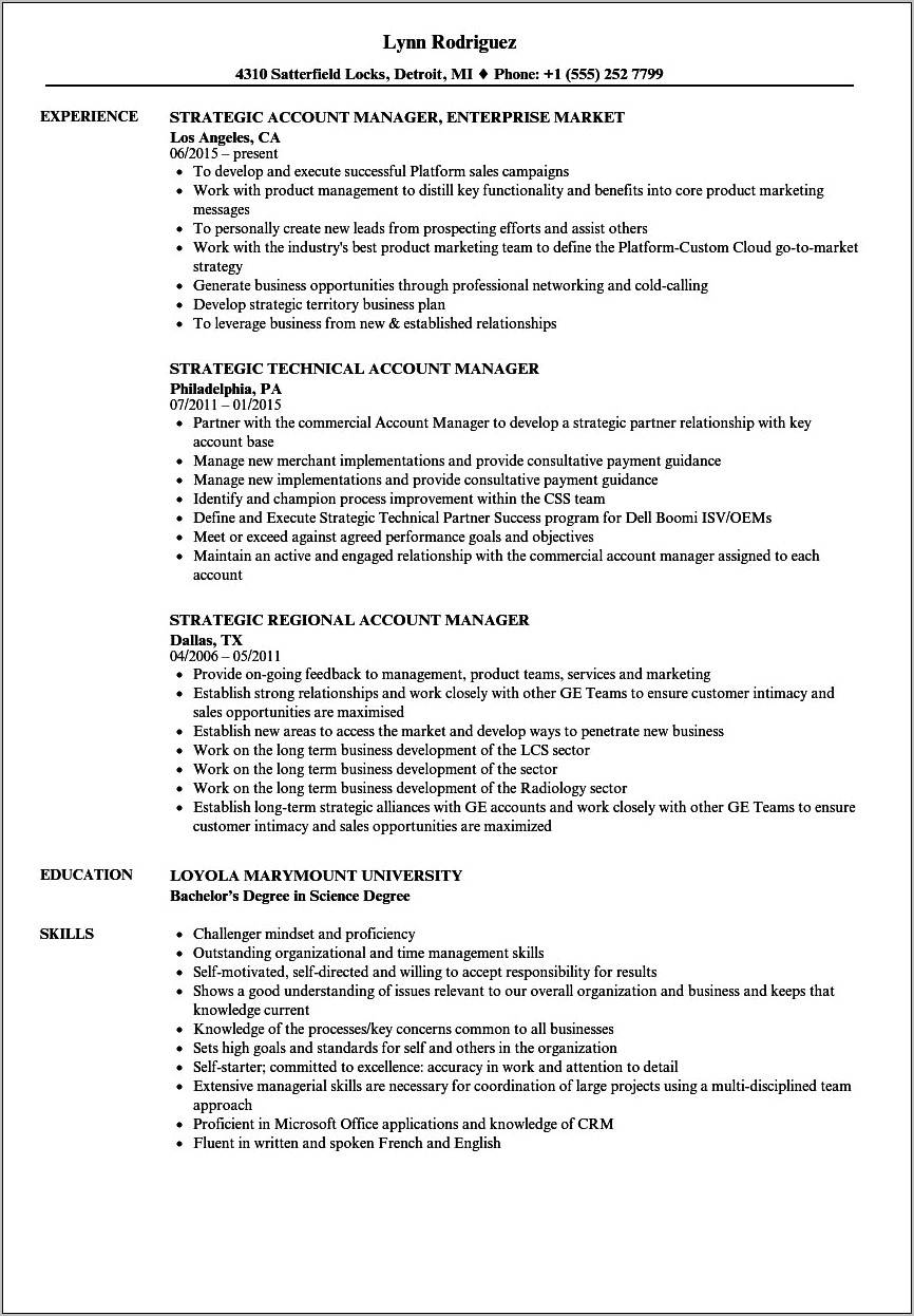 Resume Summary For National Account Manager