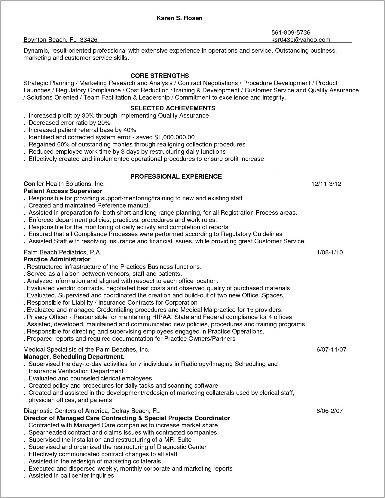 Resume Summary For Patient Service Rep