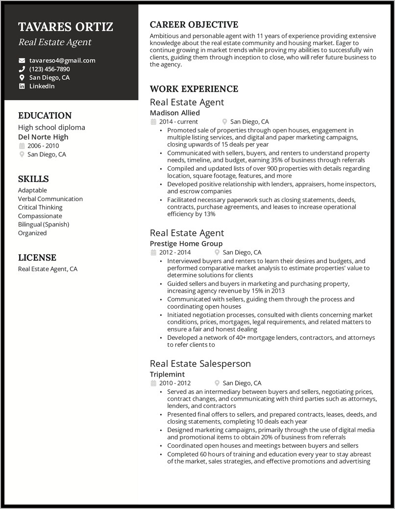Resume Summary For Real Estate Professional