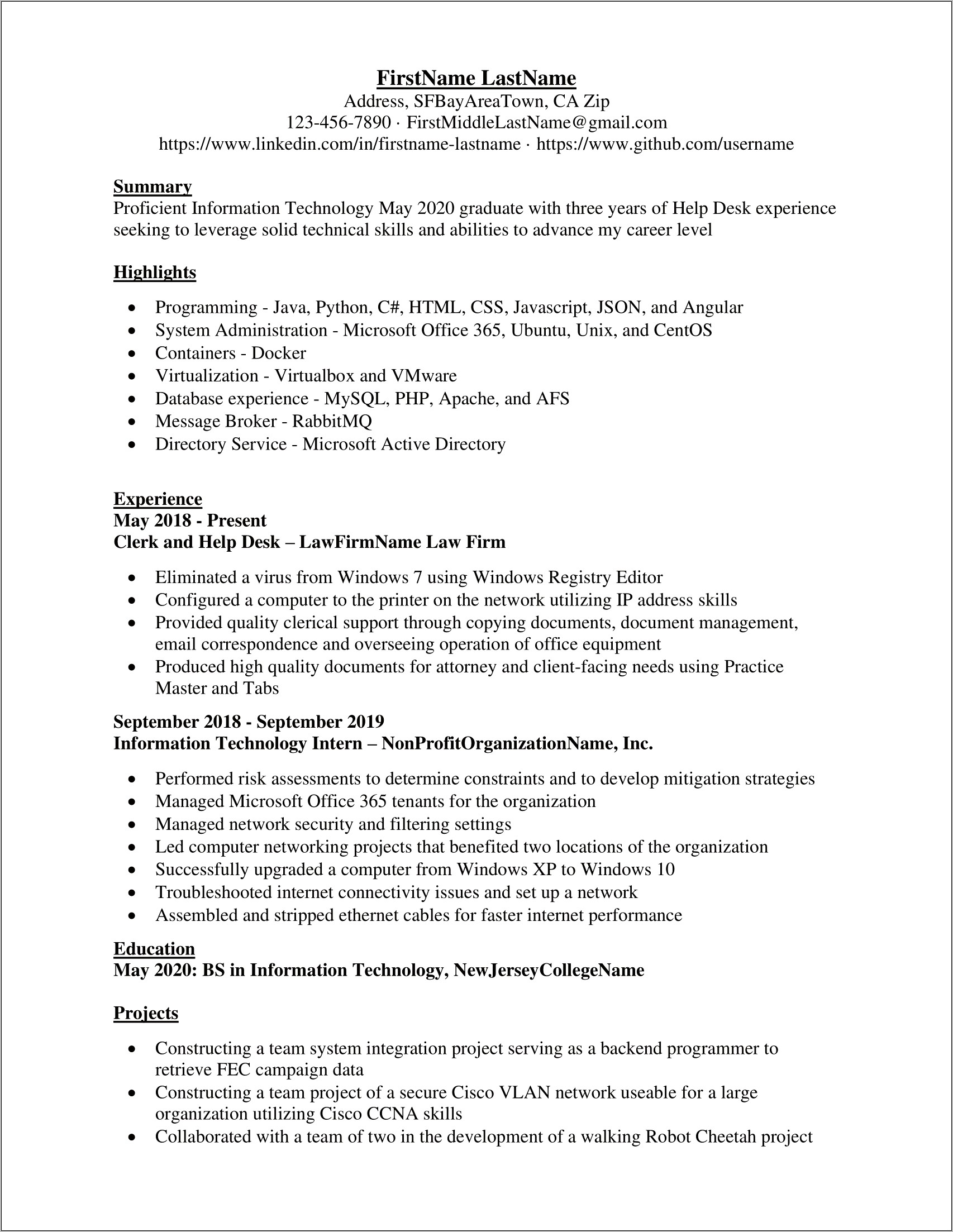 Resume Summary For Recent Technology Graduate