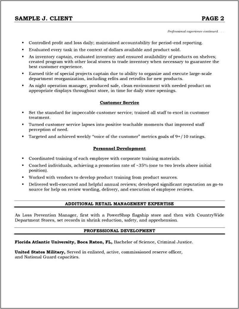 Resume Summary For Retail Management And Customer Service
