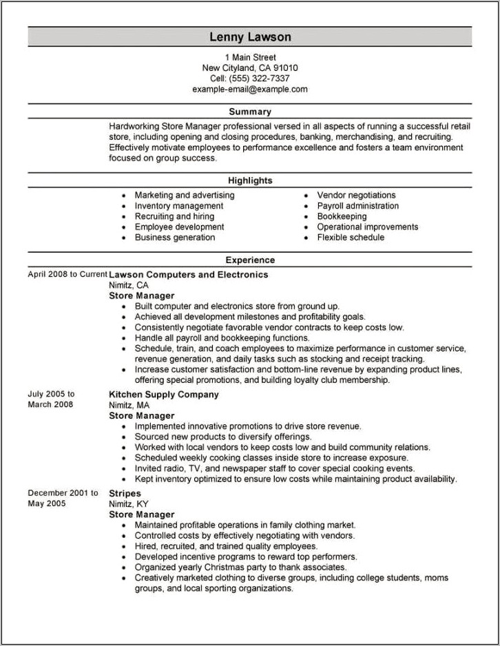 Resume Summary For Retail Store Manager