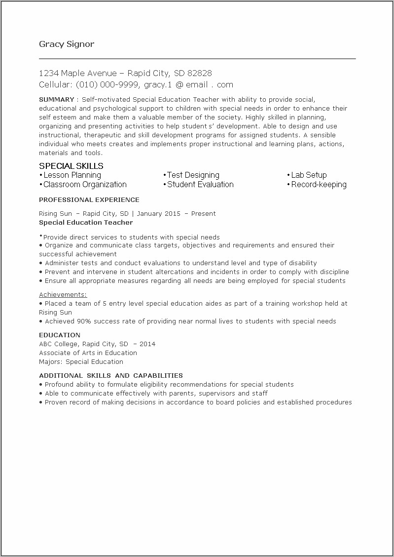 Resume Summary For Special Education Teacher