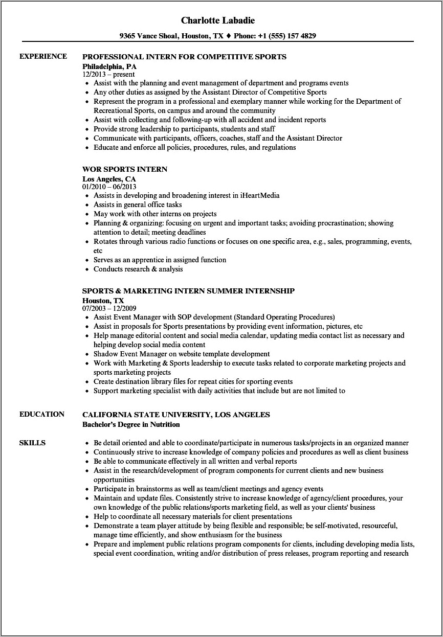 Resume Summary For The Sport Industry