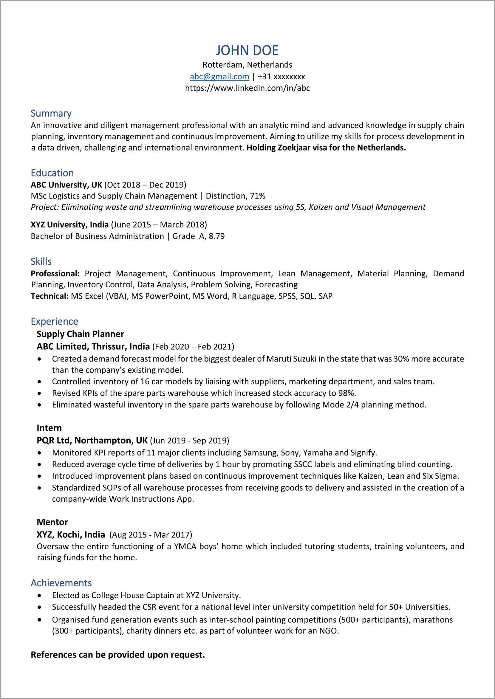 Resume Summary For Warehouse And Event Set Up