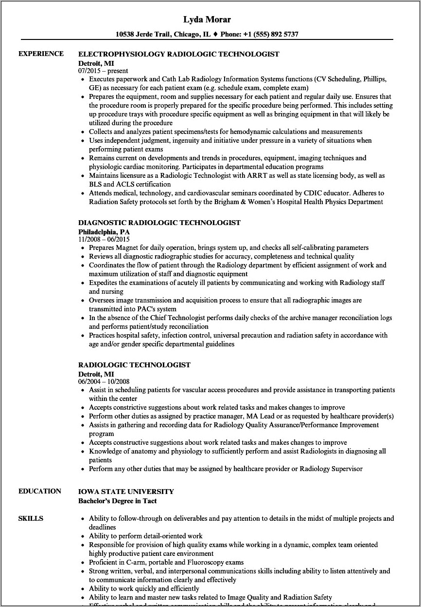 Resume Summary For Xray Tech To Radiologic Inspector