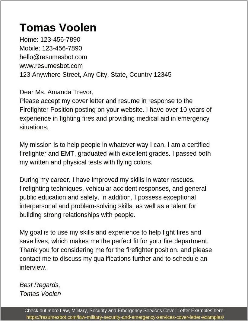 Resume Summary Letter For A Firefighter