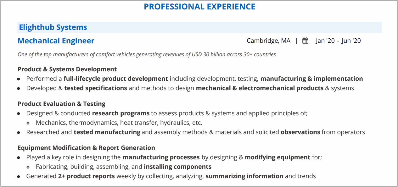 Resume Summary Mechanical Engineer Entry Level