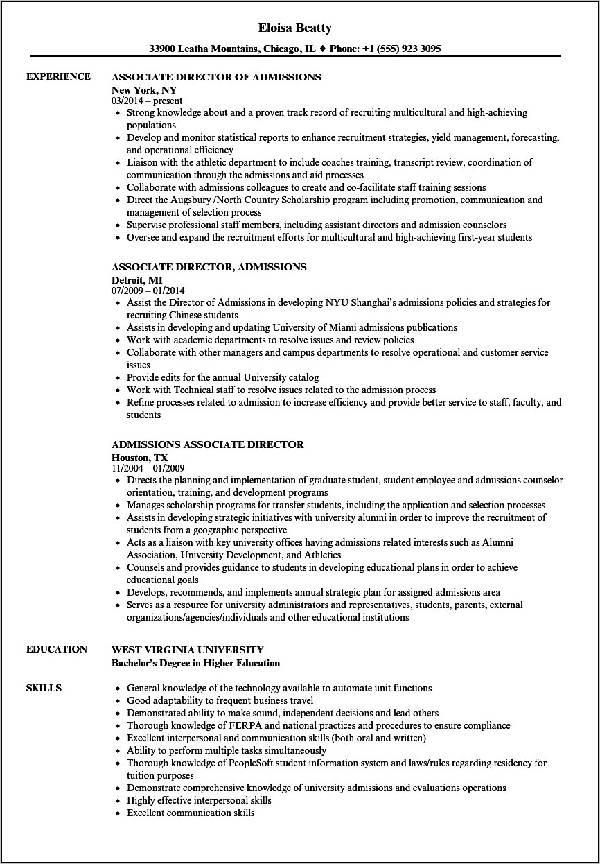 Resume Summary Of A Admissions Assistant