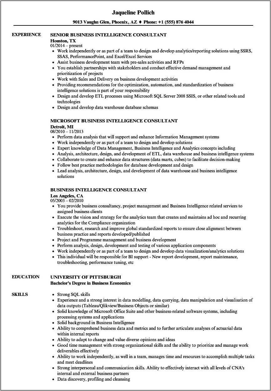 Resume Summary Of Sql Bi Developer
