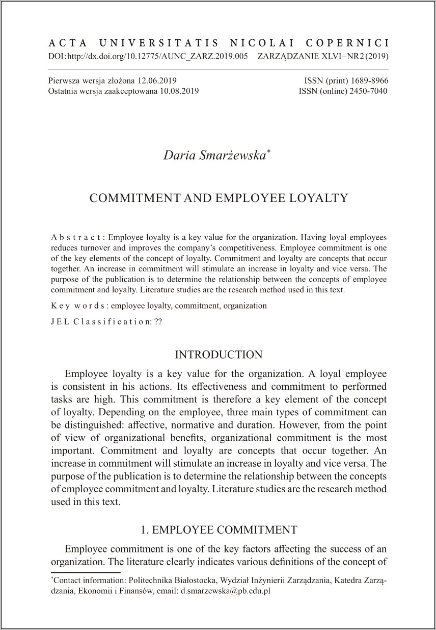 Resume Summary Showing Loyalty Dedication Commitment
