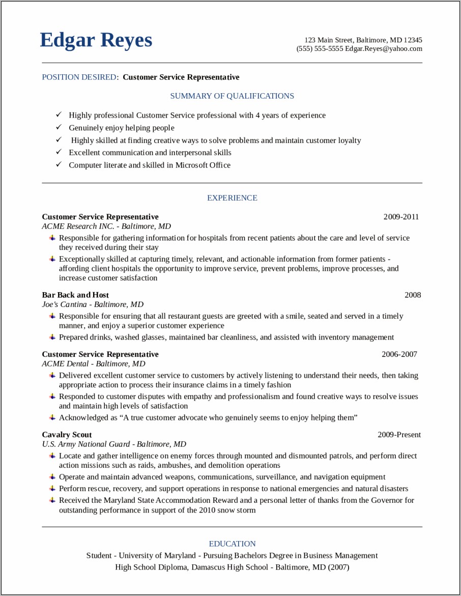 Resume Summary Statement Examples For Customer Service Representative