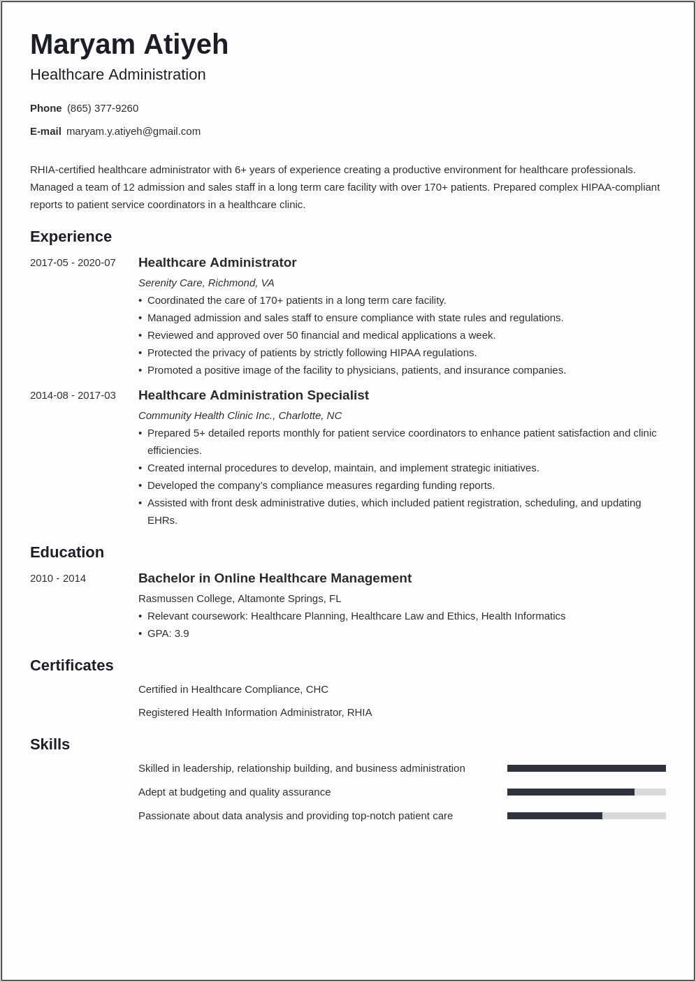 Resume Summary Statement Examples Healthcare Administration