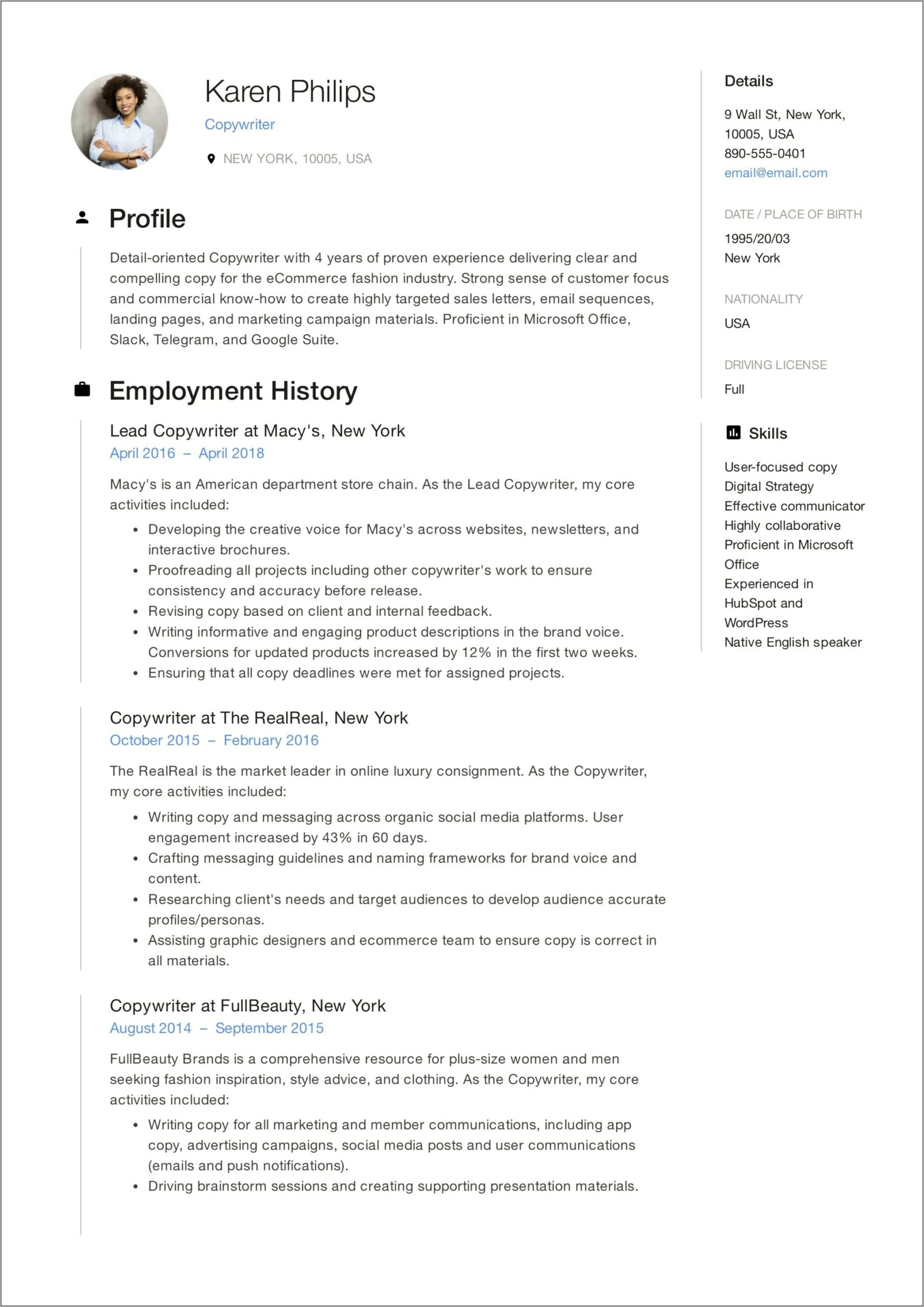 Resume Summary Statement For Copywriters Examples