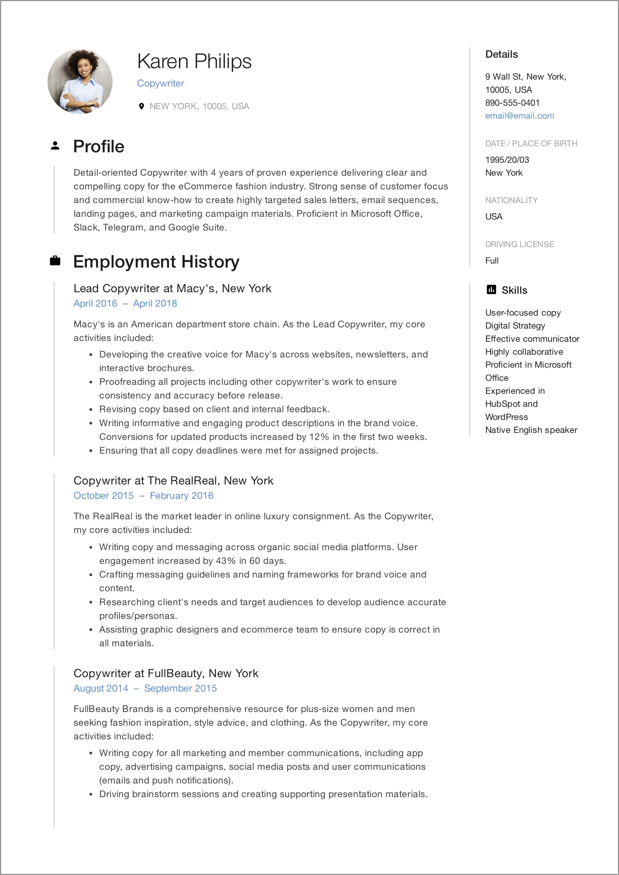 Resume Summary Statement For Copywriters Examples