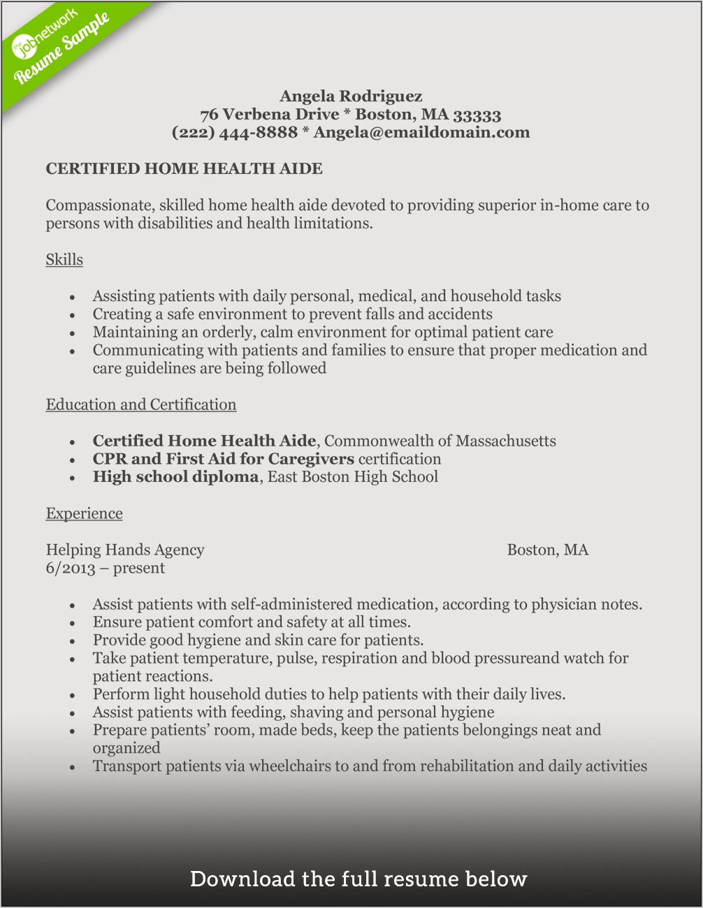 Resume Summary Statement For Home Health Aide