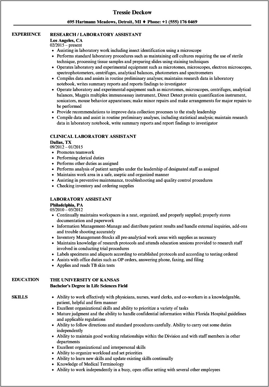 Resume Summary Statement For Lab Technician