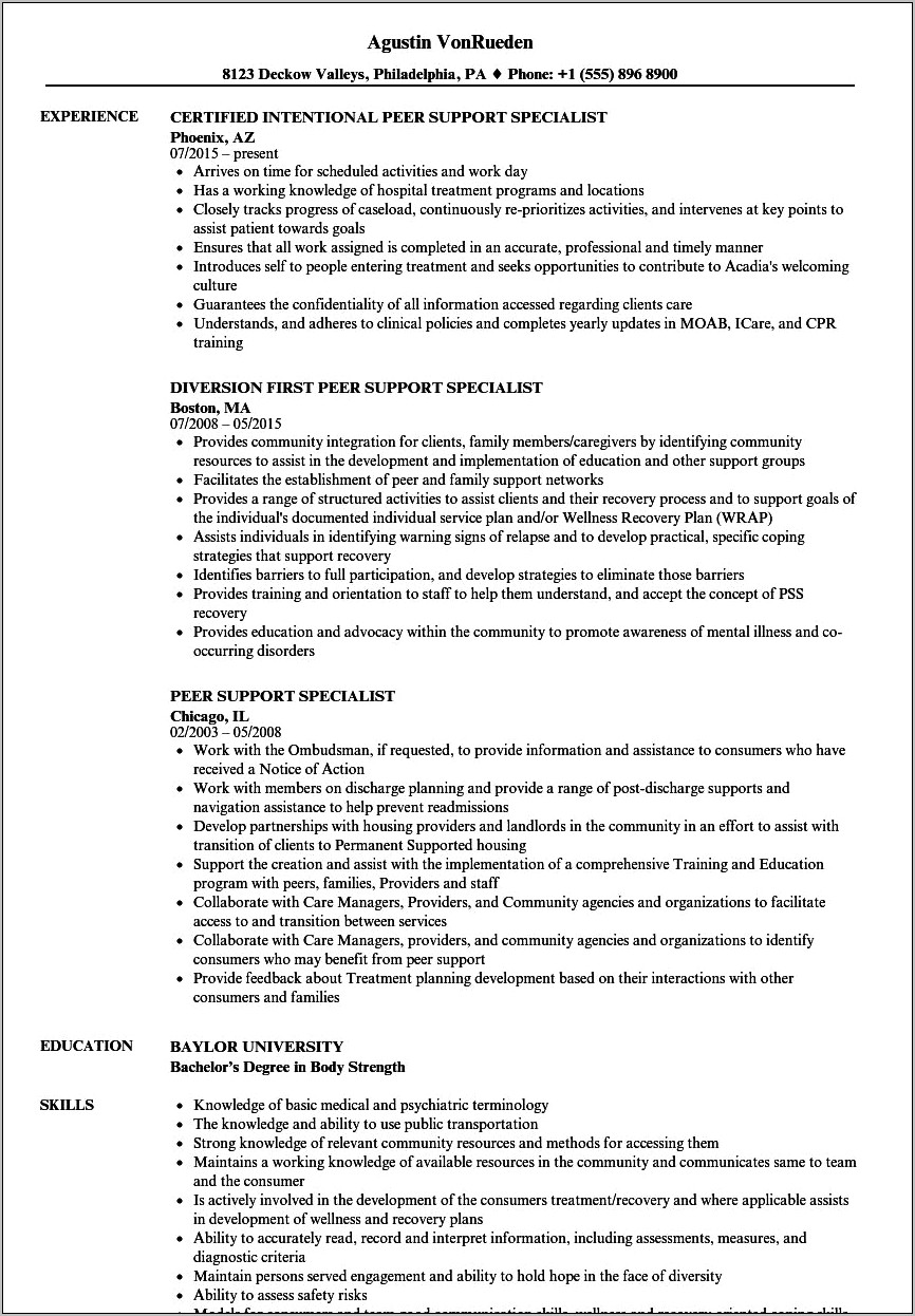 Resume Summary Statement For Peer Support Specialist
