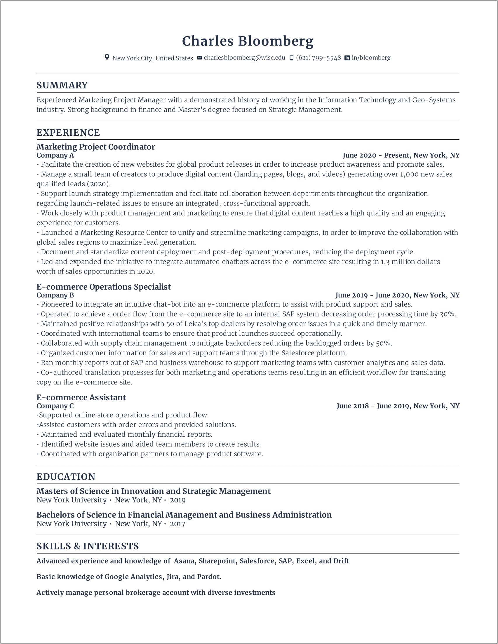 Resume Summary Statement Private Wealth Management