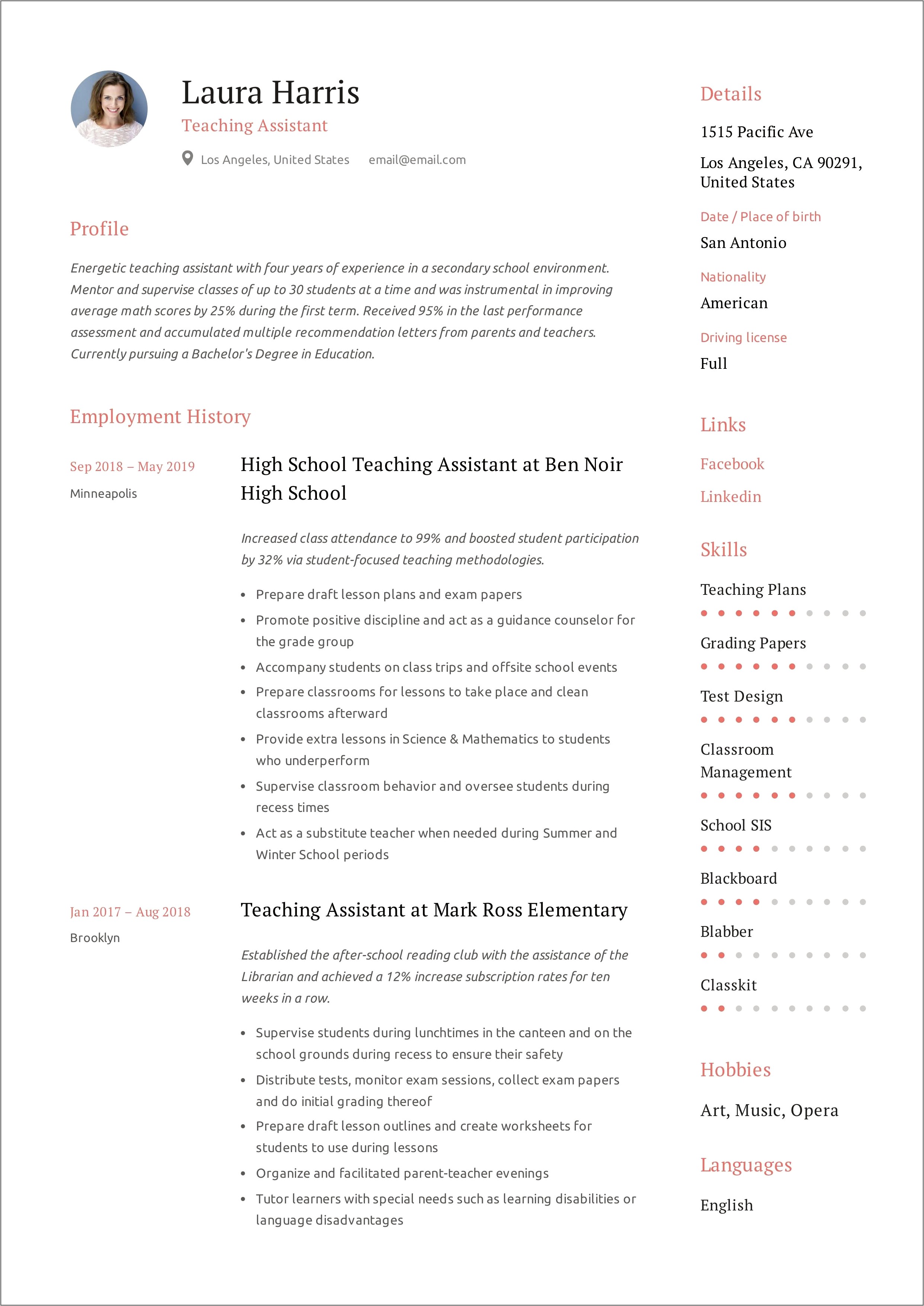 Resume Teacher Aide In After School Summary Examples