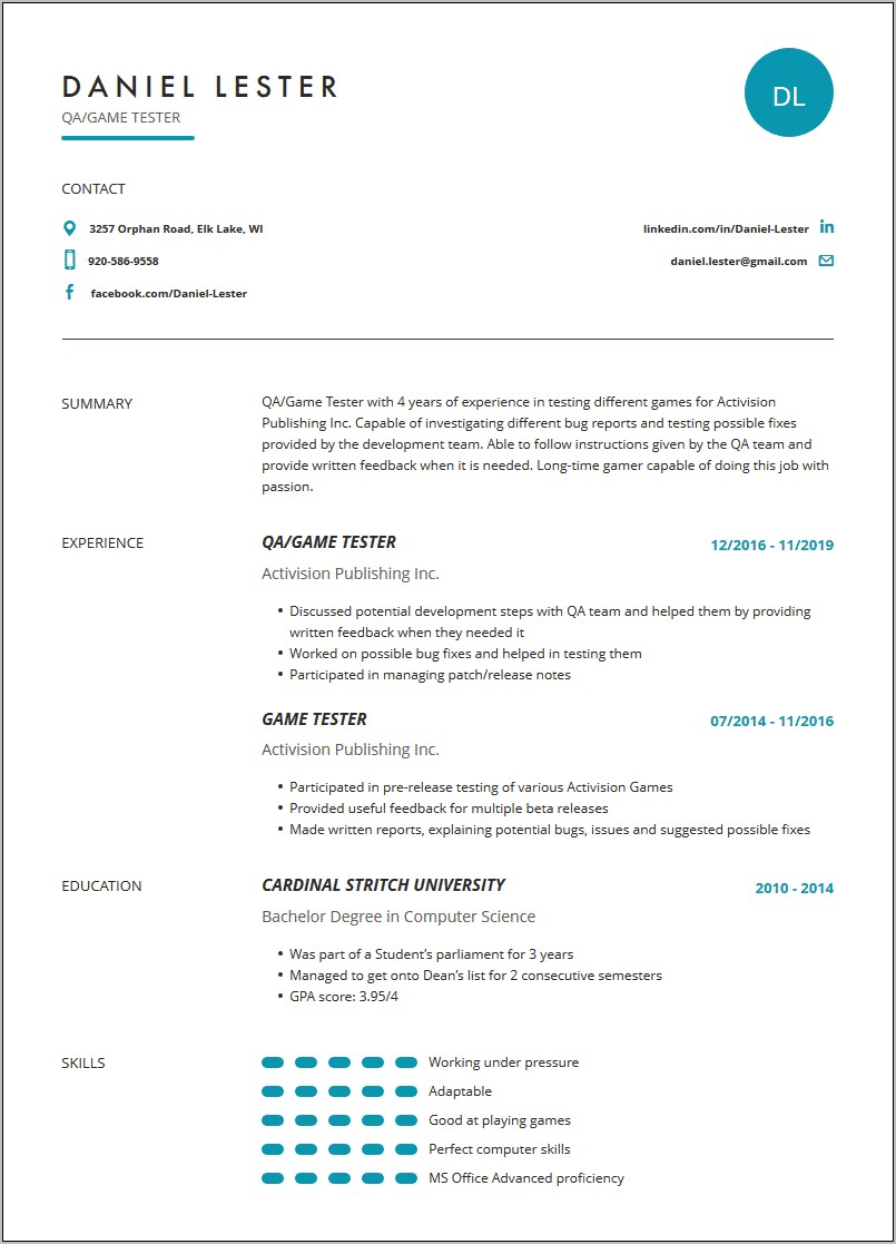 Resume Template As A Videogame Tester