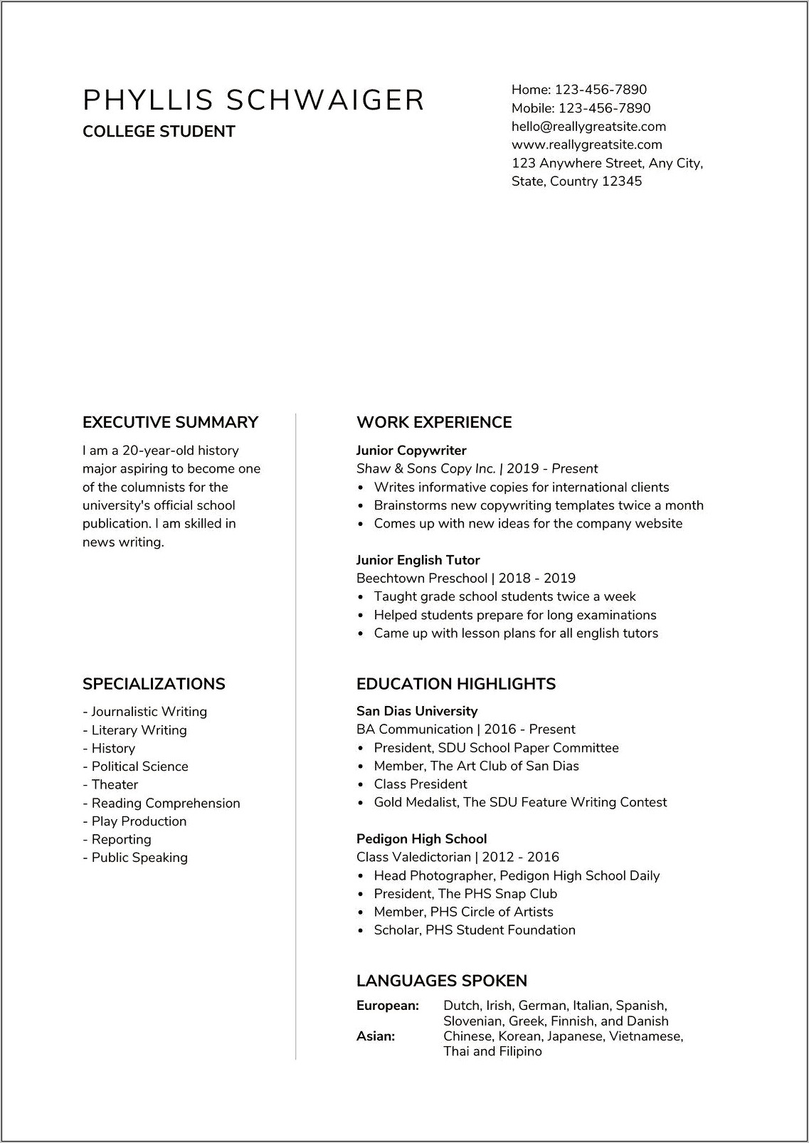 Resume Template For A College Freshman
