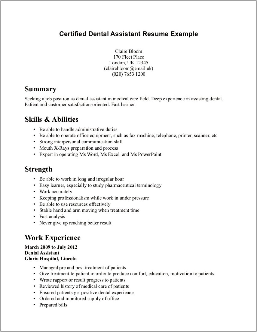 Resume Template For A Dental Assistant