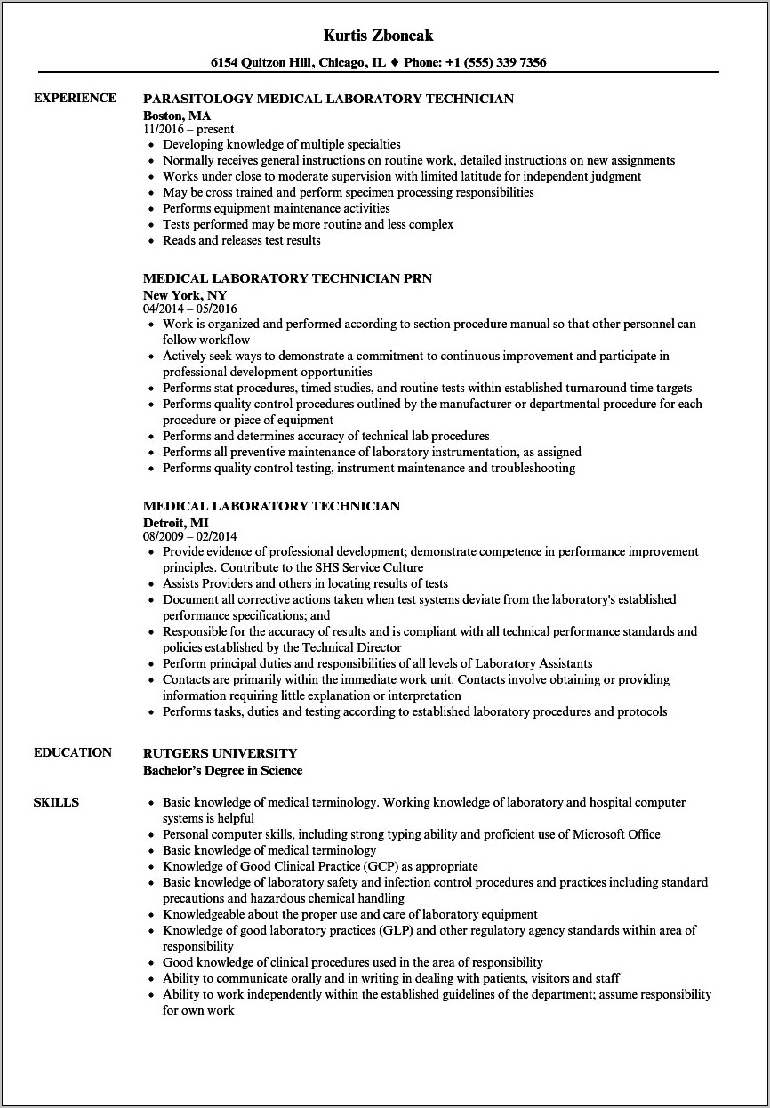 Resume Template For A Lab Technician