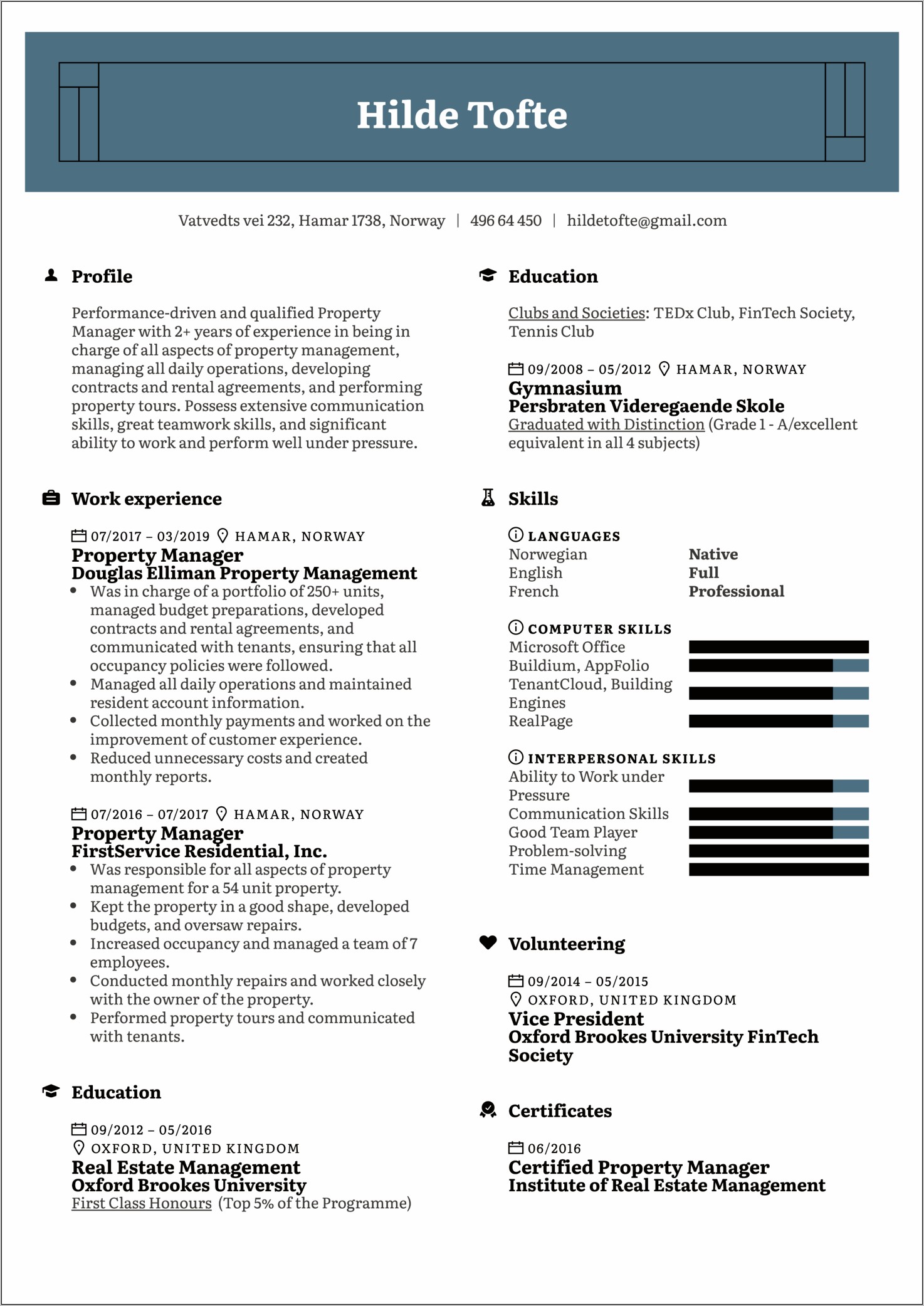 Resume Template For Apartment Property Manager