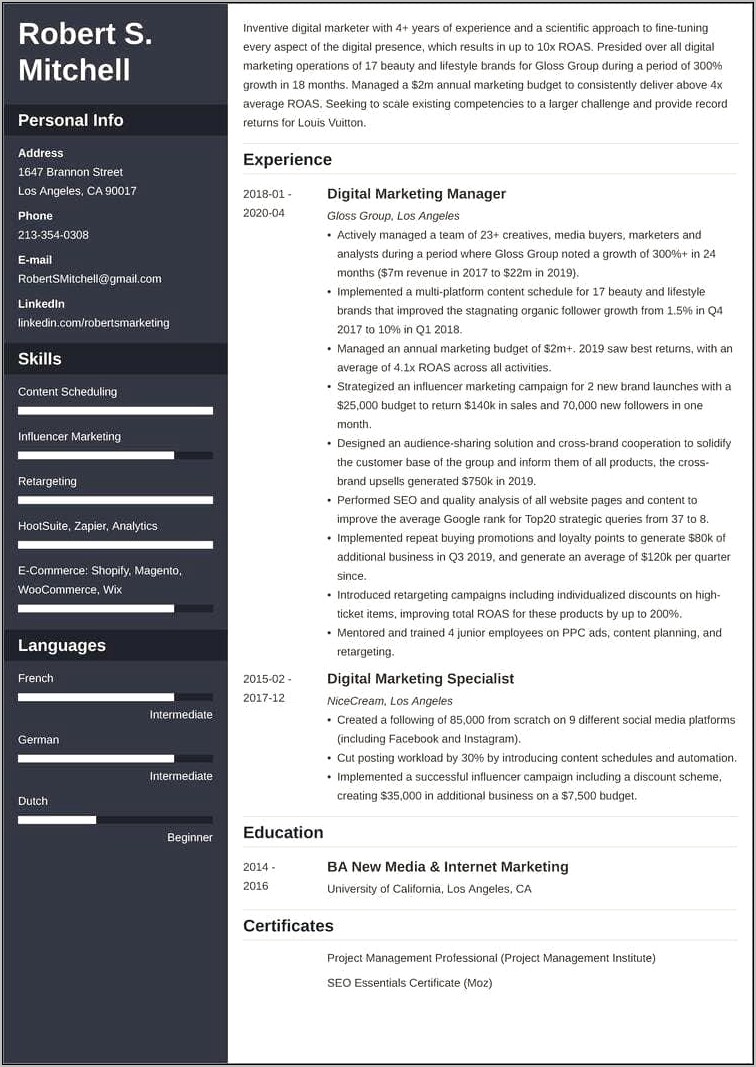 Resume Template For Digital Marketing Manager