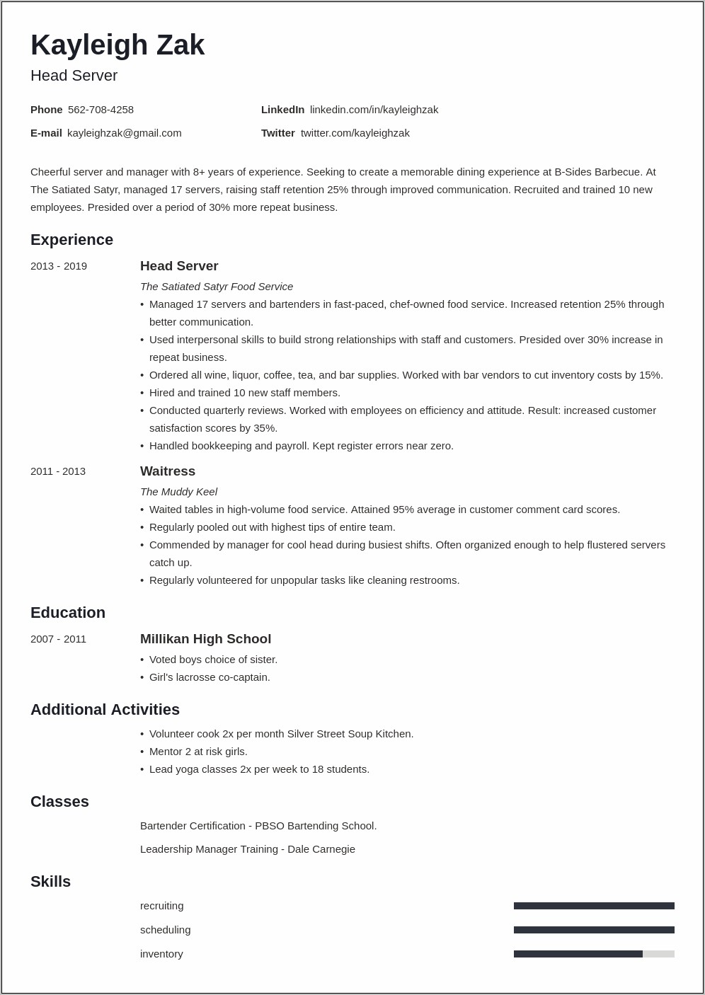 Resume Template For Food Service Industry