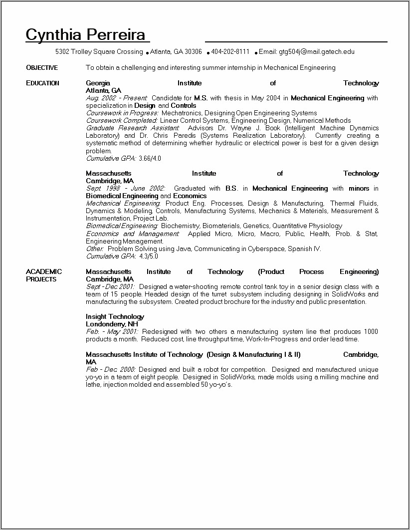 Resume Template For Lead Mechanical Engineer