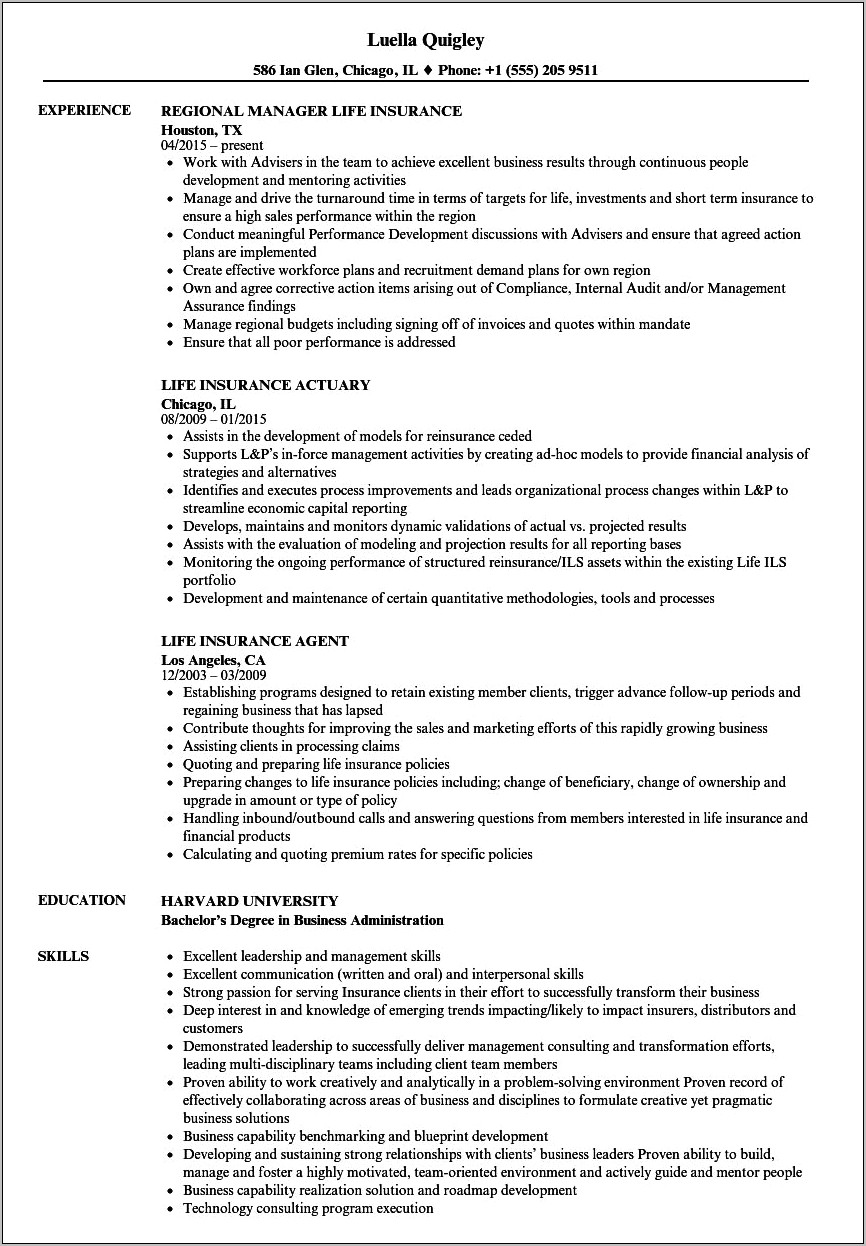 Resume Template For Life Insurance Agent