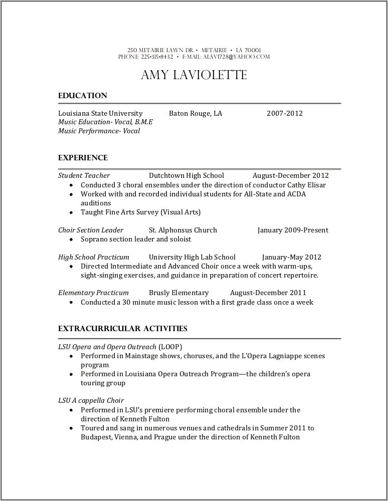 Resume Template For Music College Student