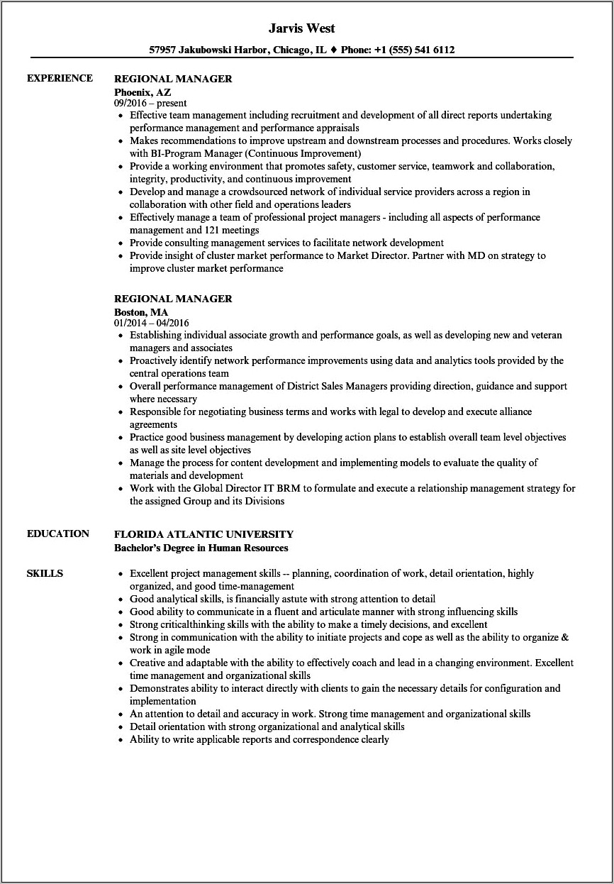 Resume Template For Regional Sales Manager