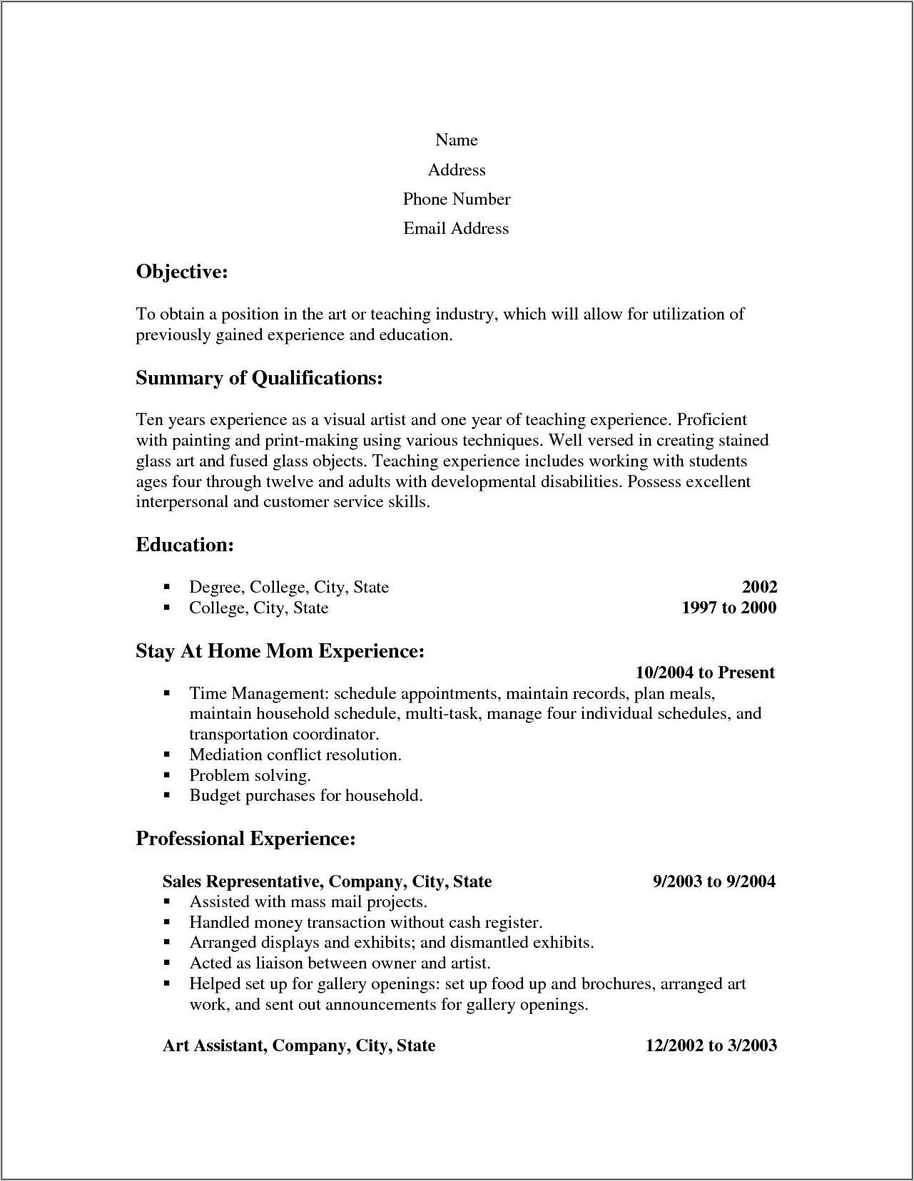 Resume Template For Sahm Returning To Work