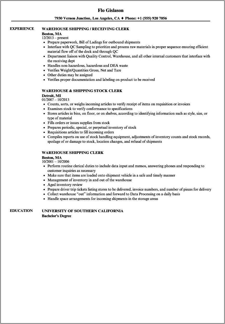 Resume Template For Shipping And Receiving