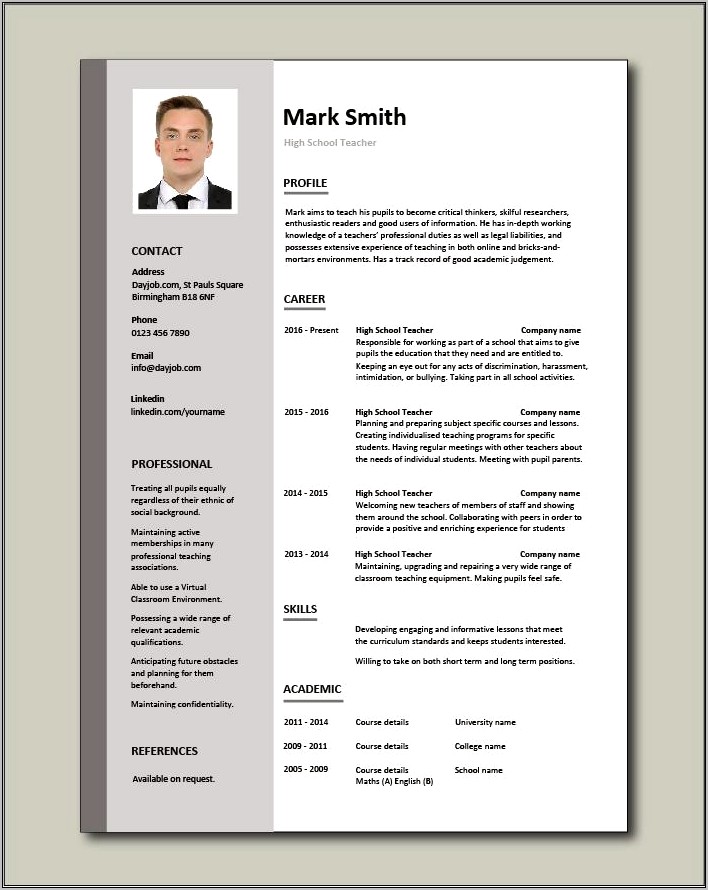 Resume Template For Working In Highschools