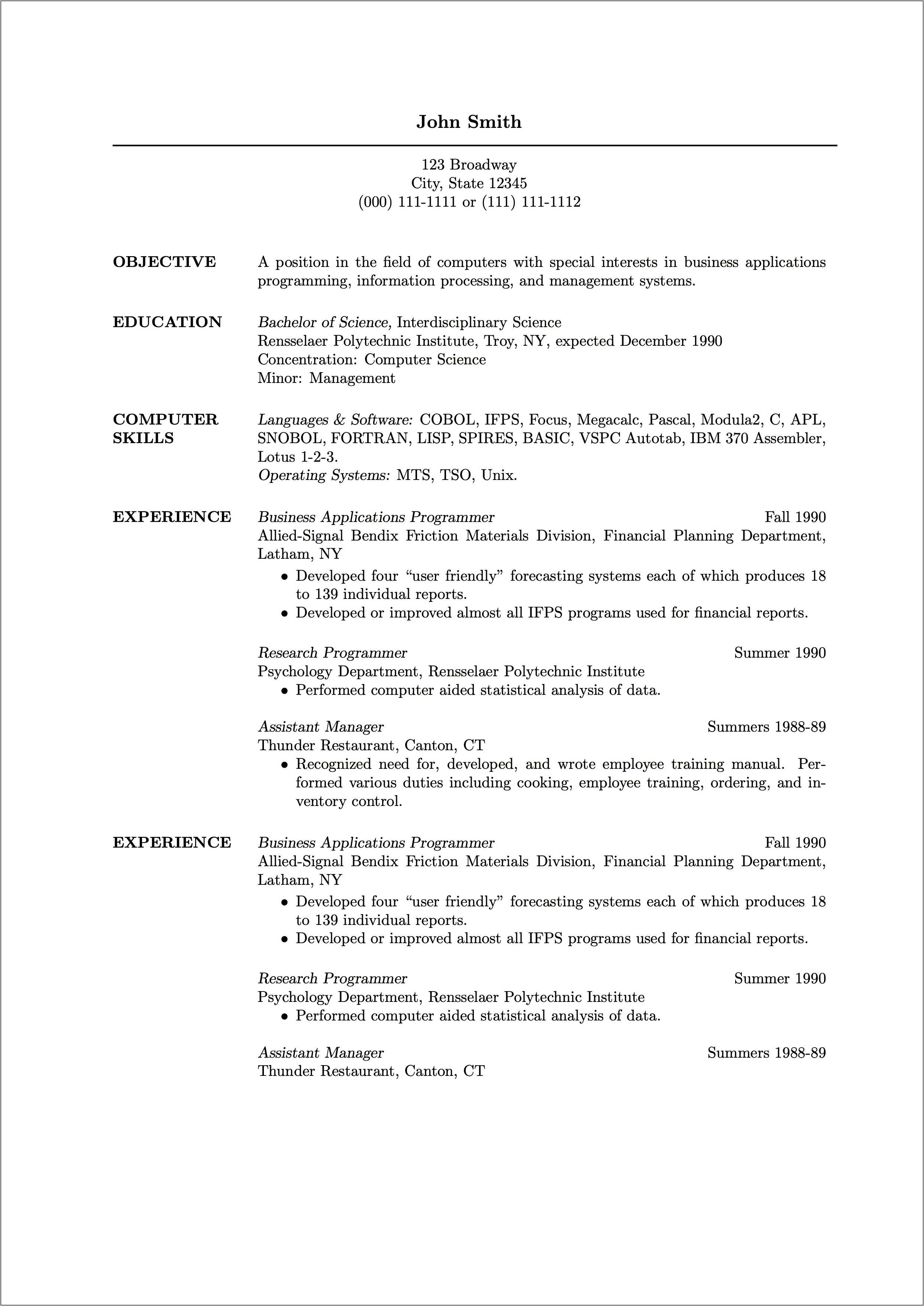 Resume Template Skills History And Education Sections