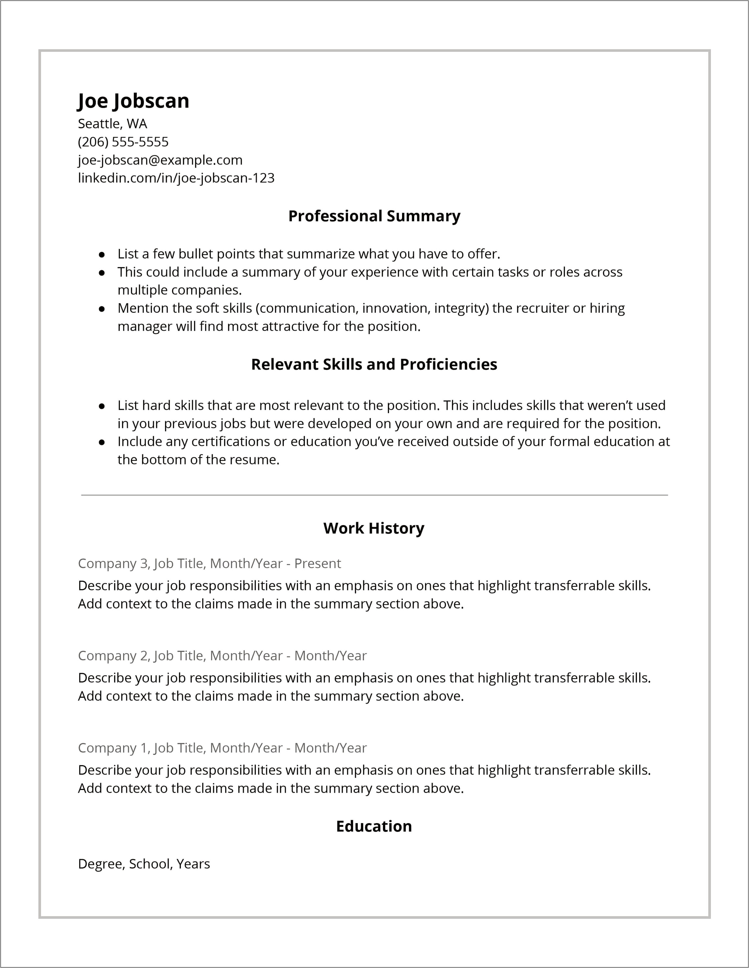Resume Template With Recent And Relevent Sections