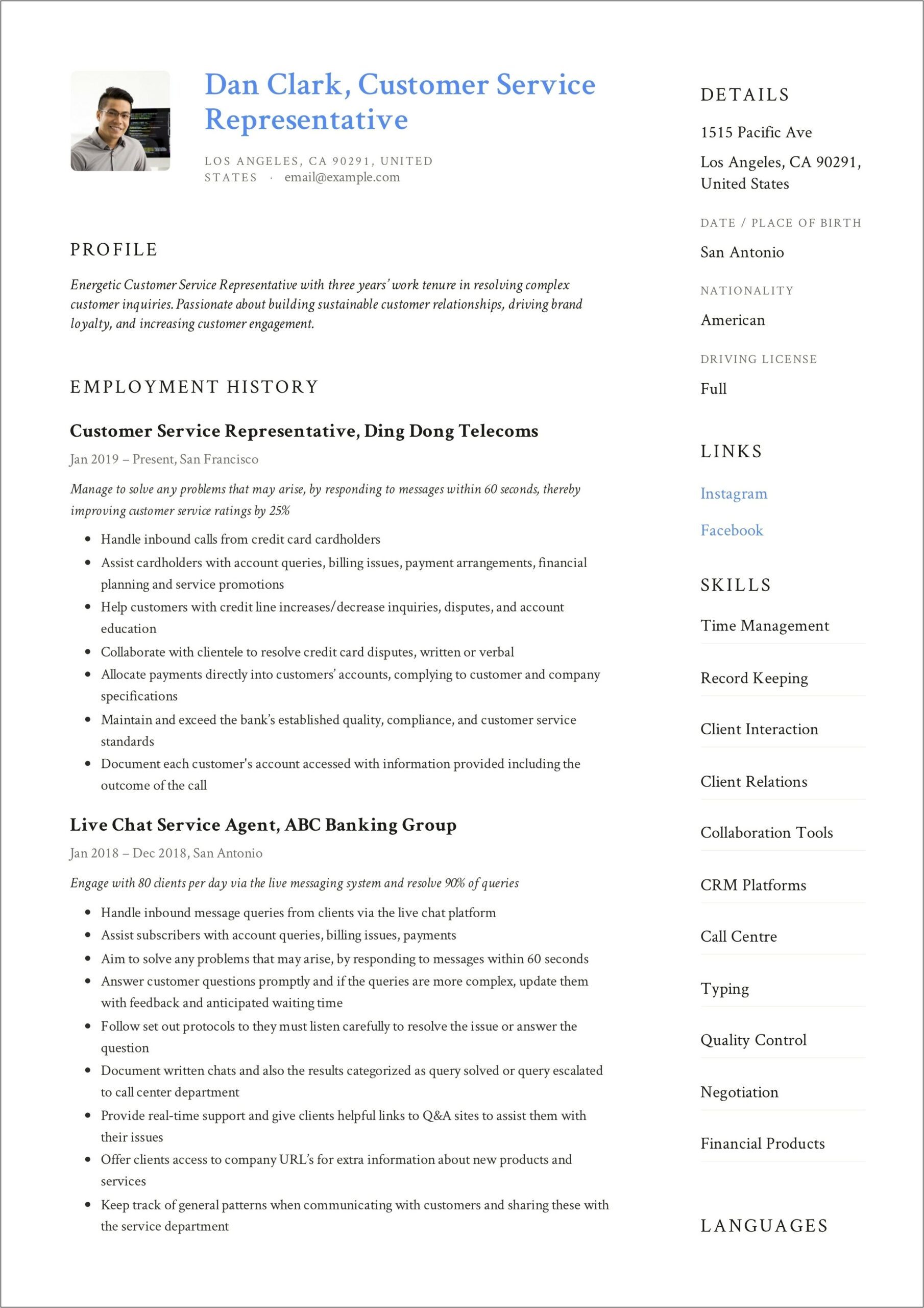 Resume Templates For Customer Service Position