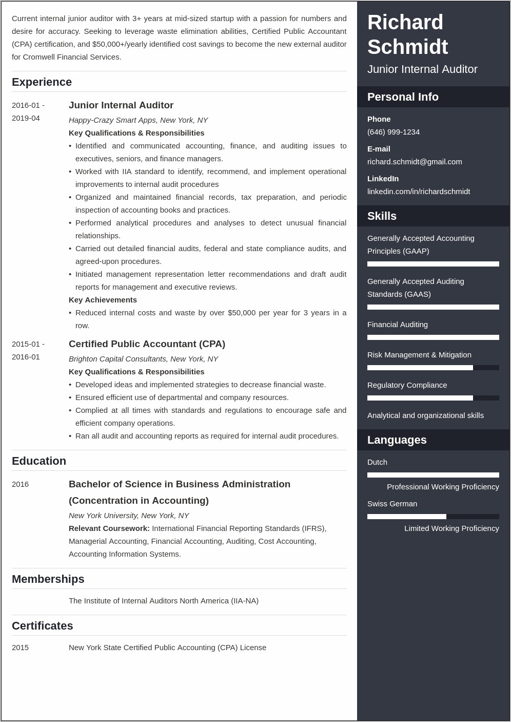 Resume Templates For Hotel Interal Auditor
