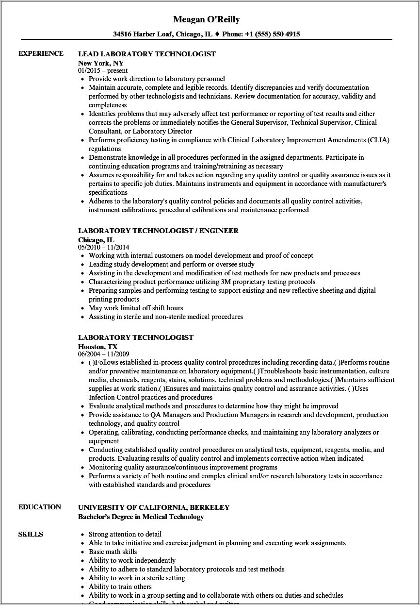 Resume Templates For Medical Laboratory Technician