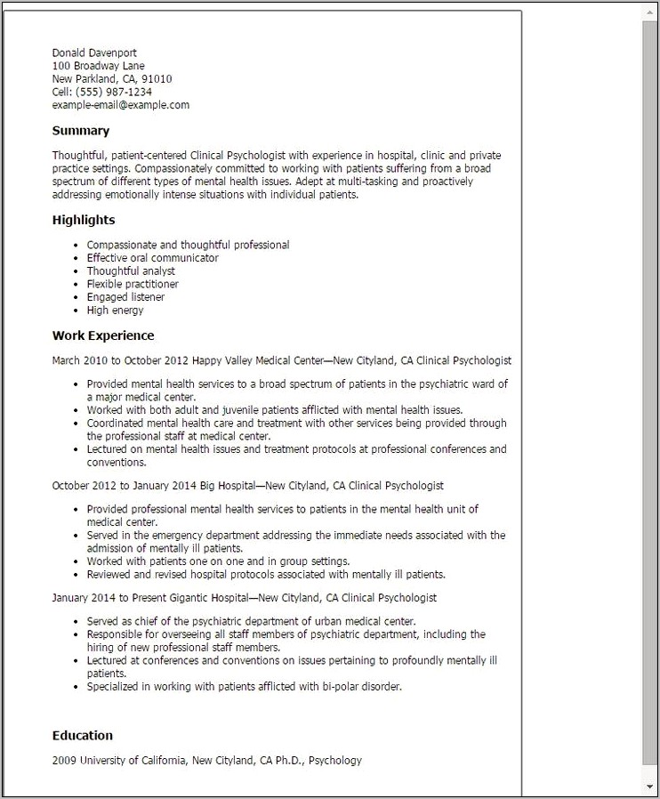 Resume Templates For Mental Health Professionals