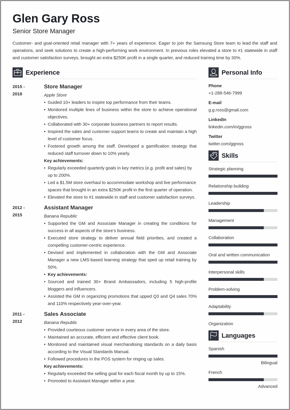 Resume Templates For Retail Management Positions
