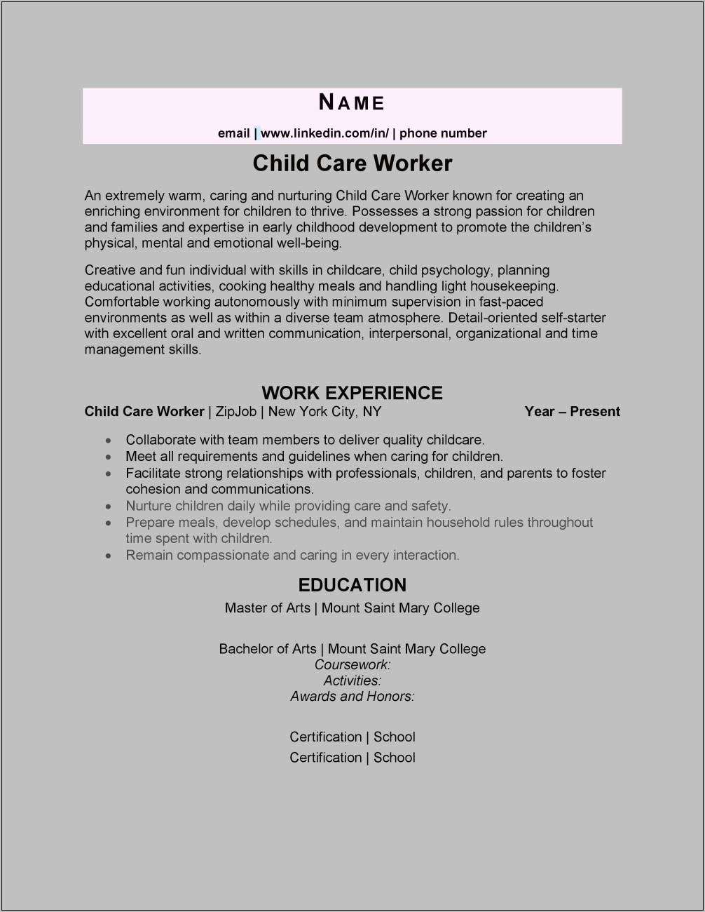 Resume Things For A Daycare Worker