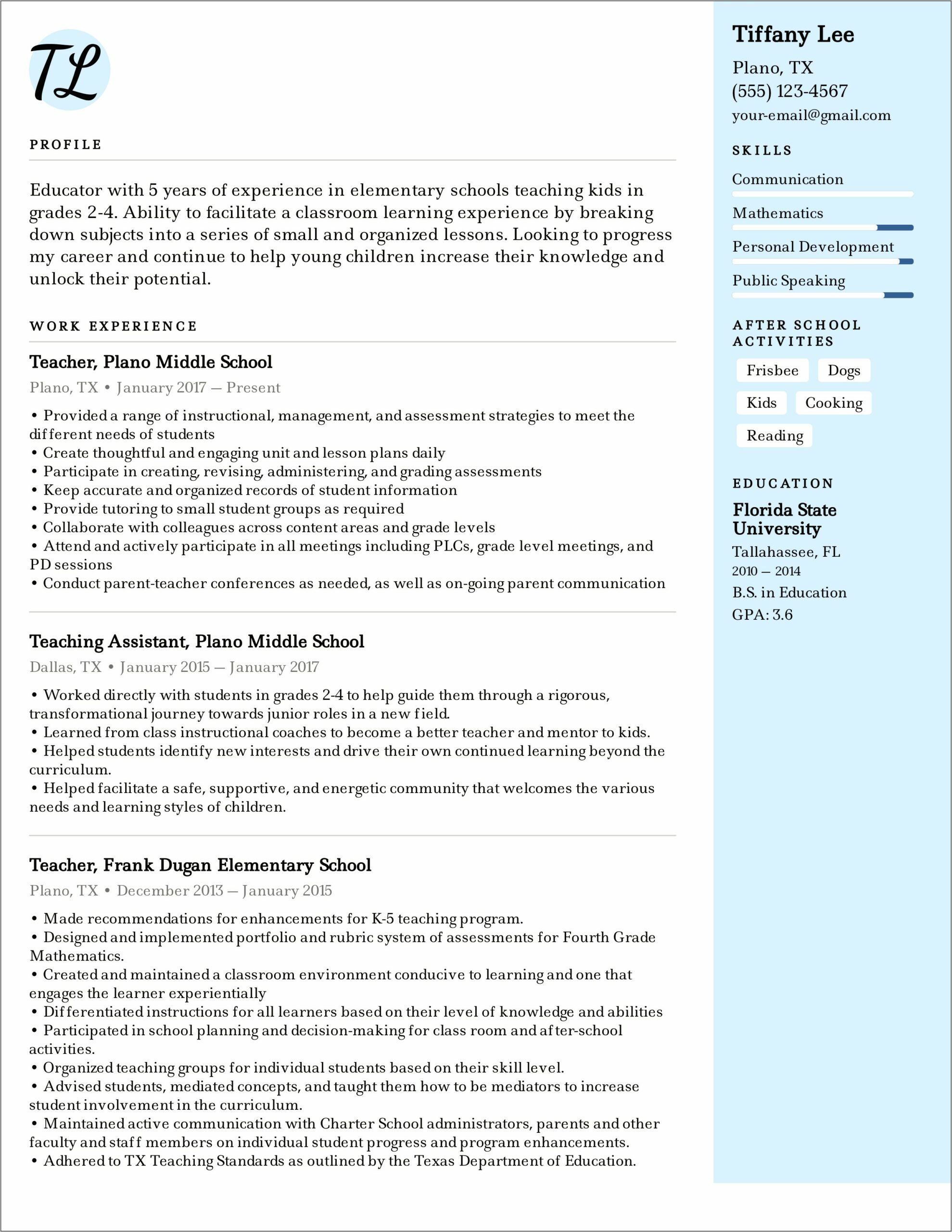 Resume To Apply For A Teaching In School
